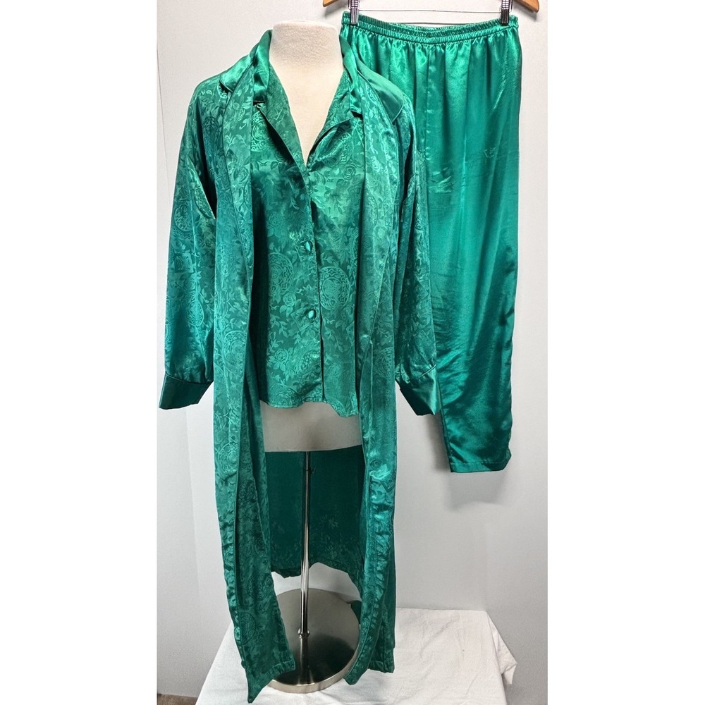 Vtg Victorias Secret 3 Pc Pajama Robe Set Sz Small Women's Green 90s Gold Label